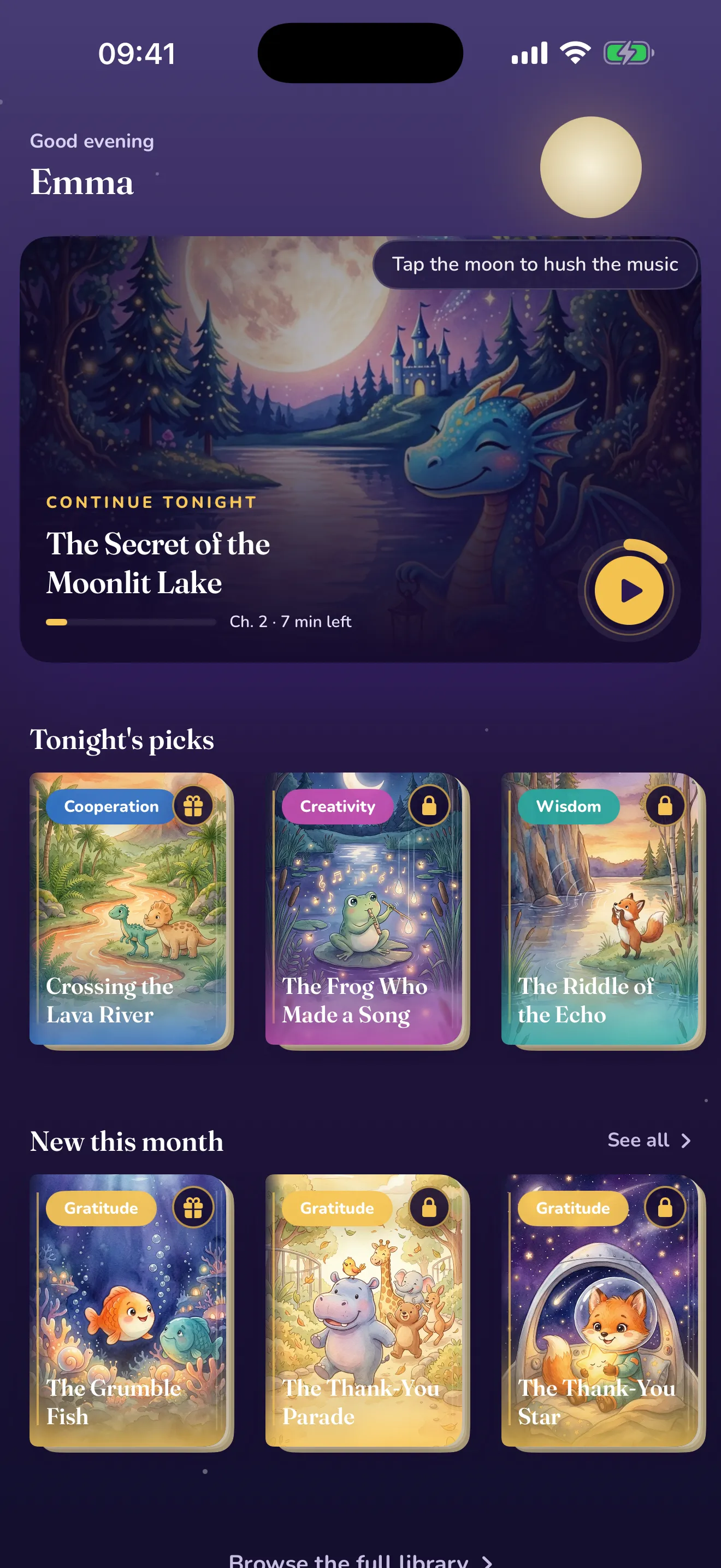 The MoonNest app home screen: a warm night-sky greeting with a story to continue tonight and picks chosen for your child