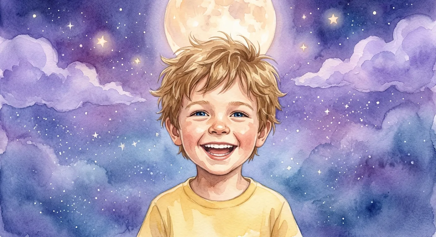 The same boy as a watercolor storybook hero under a full moon
