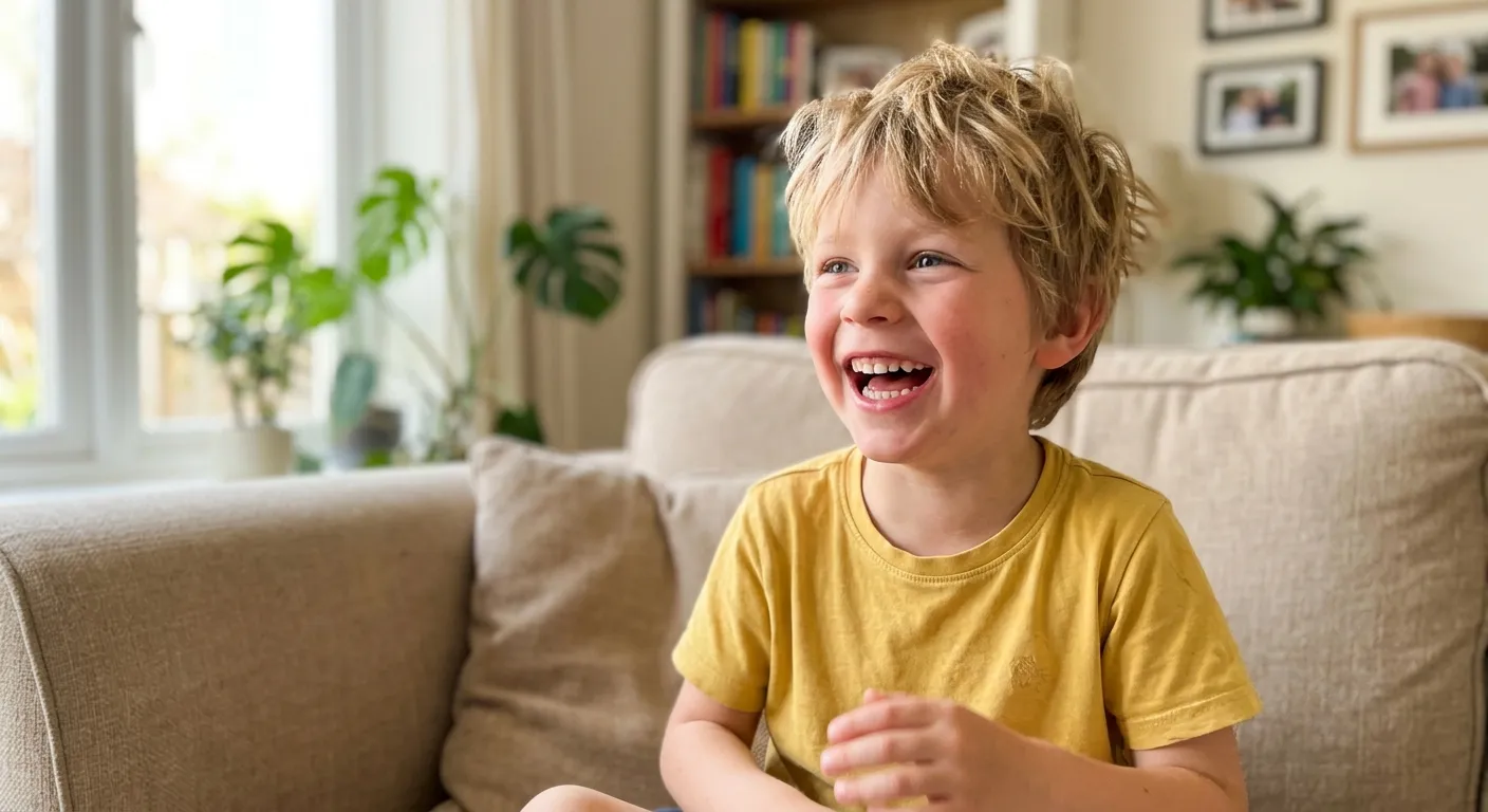 A laughing boy in a yellow t-shirt on the family sofa